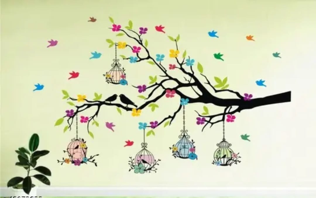 Heaven Decors - Tree Branches With Birdcage And Flower- Wall Decoration Sticker Home