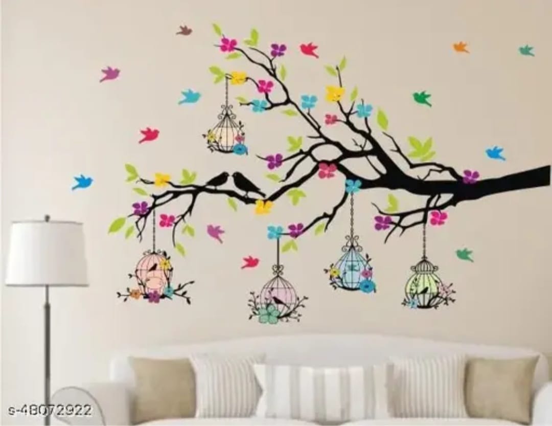 Heaven Decors - Tree Branches With Birdcage And Flower- Wall Decoration Sticker Home