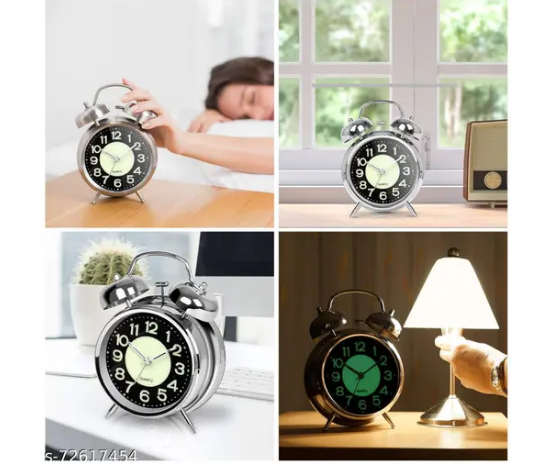 RVD Twin Bell Silver Clock Table Top Alarm Clock with Night LED Light Display Alarm Clock for Bedroom (Silver)