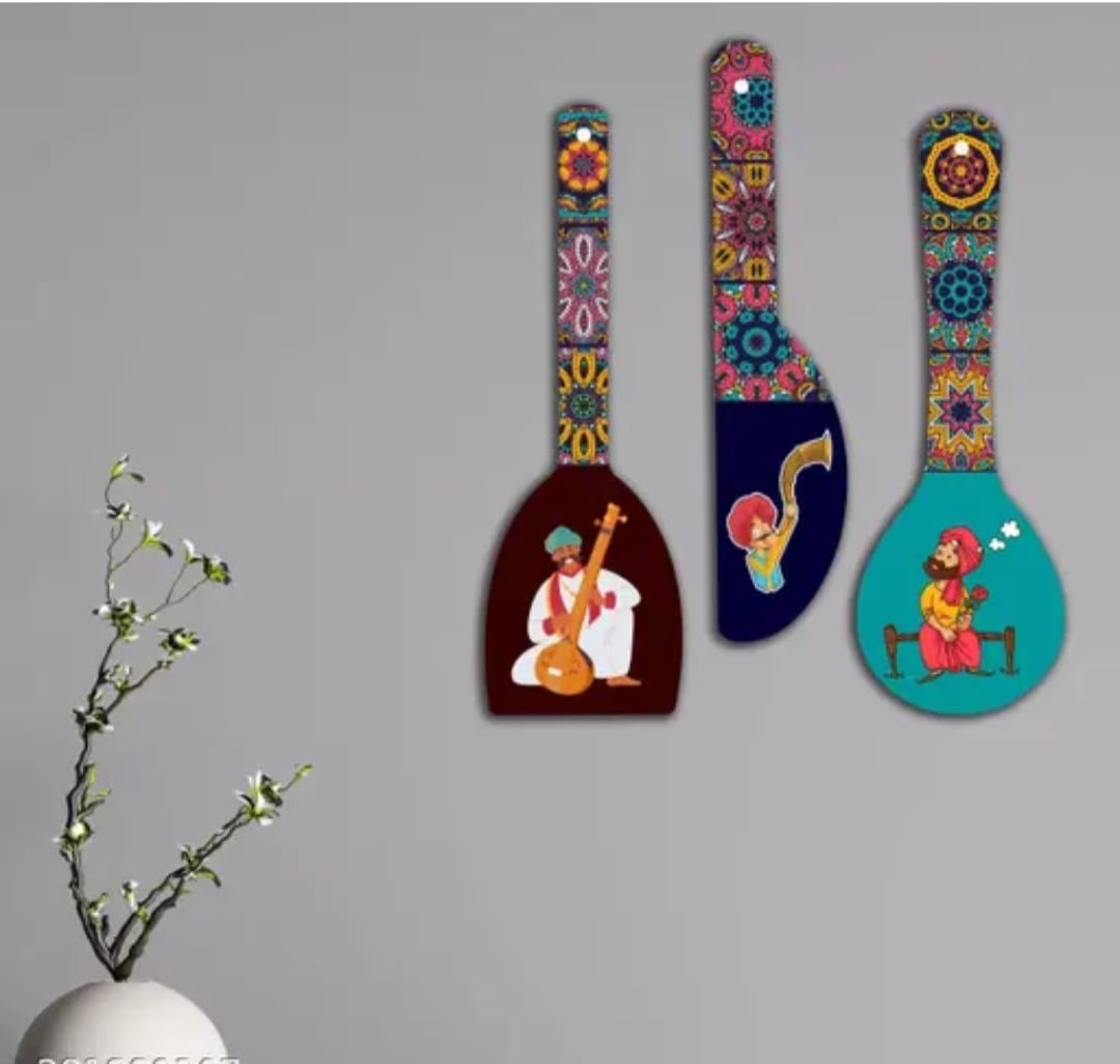 saf Set of 3 Rajasthani culture Spoon Shape Designer MDF Wall Hanging|Wall Decoration