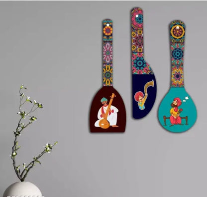 saf Set of 3 Rajasthani culture Spoon Shape Designer MDF Wall Hanging|Wall Decoration