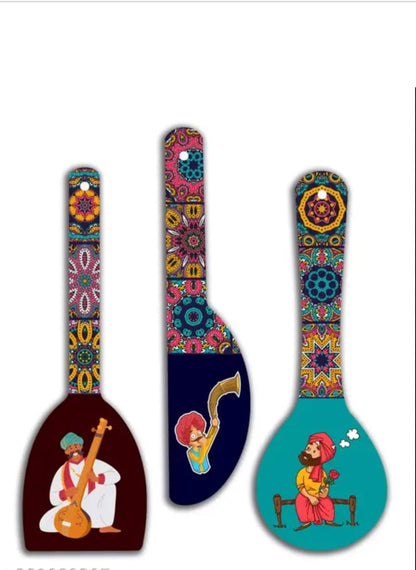 saf Set of 3 Rajasthani culture Spoon Shape Designer MDF Wall Hanging|Wall Decoration