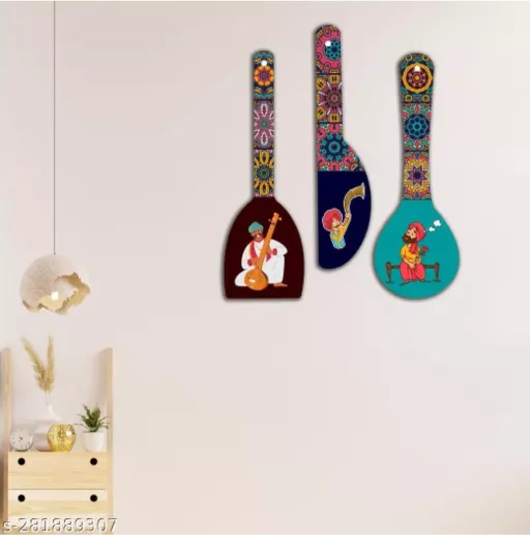 saf Set of 3 Rajasthani culture Spoon Shape Designer MDF Wall Hanging|Wall Decoration